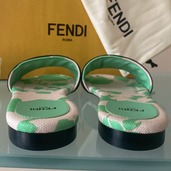NIB FENDI Bouquet Nero canvas SLIDES/flats,shoes w/dust bag Sz 8.5 US/39 ITALY - Picture 10 of 13